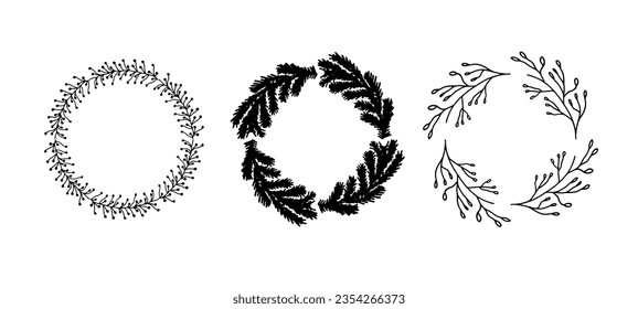 Satz von handgezeichnet Kreis Rahmen von Blumen. Doodle Vektorgrafik runde Pflanzen, Kräuter für Hochzeitsdesign, Logo und Grußkarte. Einzeln auf weißem Hintergrund.