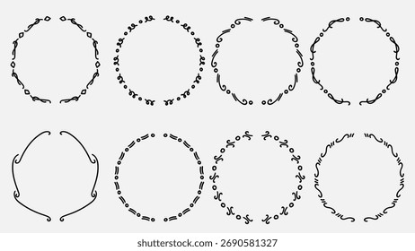 Set of Hand Drawn Circle Frames and Botanical Dotted Borders.Vector illustration.