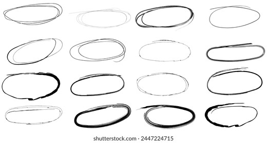 Set of hand drawn circle highlight. Round frame pen marker, sribble doodle graphic element. Vector illustration