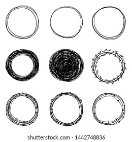 Set of hand drawn circle line on a white background. Rough frame elements. Sketch. Vector logo design elements.