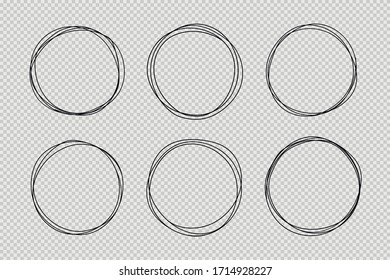 Set of hand drawn circle line sketch set. Doodle vector circular scribble round circles for message note mark design element. Pencil or pen graffiti bubble or ball draft illustration.