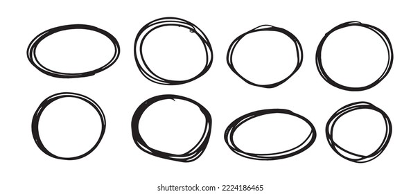 Set of hand drawn circle line sketch scribbles pen	