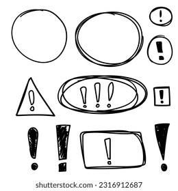 Set hand drawn circle, oval and text box frame, exclamation mark, felt-tip pen objects. Vector doodle elements.