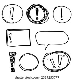 Set hand drawn circle, oval and text box frame, exclamation mark, felt-tip pen objects. Vector doodle elements.