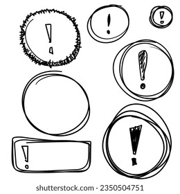 Set hand drawn circle, oval and text box frame, exclamation mark, felt-tip pen objects. Vector doodle elements.