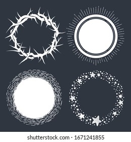 Set of hand drawn circle scribbles with floral elements, stars and dots. Crown of thorns. Vector design elements.