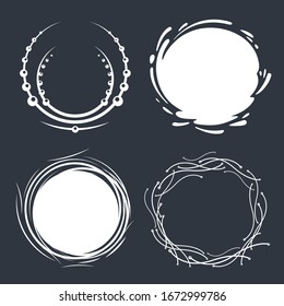Set of hand drawn circle scribbles with floral elements, water splash and dots. Vector design elements.