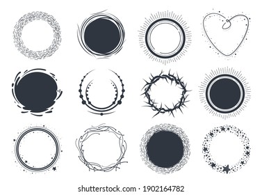 Set of hand drawn circle scribbles with floral, water elements, stars, heart and dots. Crown of thorns. Vector design elements.