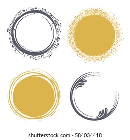 Set of hand drawn circle scribbles with floral elements and dots. Vector design elements. Golden sparkles