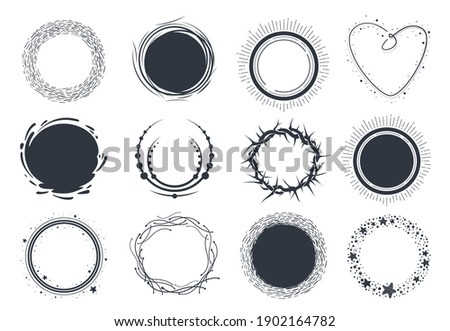 Set of hand drawn circle scribbles with floral, water elements, stars, heart and dots. Crown of thorns. Vector design elements.