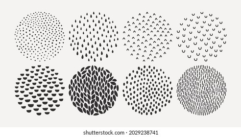 Set of Hand Drawn Circle Textures in a Contemporary Style of Dots, Drops, Strokes, Arcs, Ticks . Vector Round Geometric Elements for creating Patterns, Invitations, Posters, Postcards