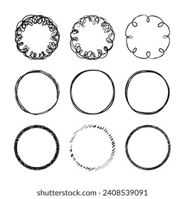 Set of hand drawn circles. 9 round shapes from lines.
