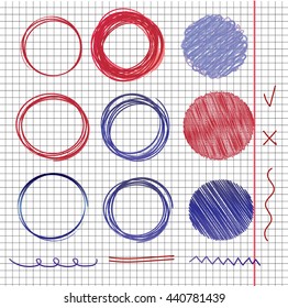 set of hand drawn circles with borders and marks on copybook page