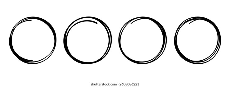 Set of hand drawn circles. Hand drawn circle line sketch. Highlight circle frames. Ellipses in doodle style. Vector illustration. EPS 10