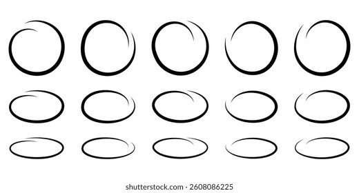 Set of hand drawn circles. Hand drawn circle line sketch. Highlight circle frames. Ellipses in doodle style. Vector illustration. EPS 10