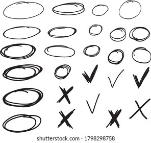 Conjunto de círculos dibujados a mano, cruces y marca correcta. círculos de vectores para resaltar mensajes, notas y otros elementos en la web o gráficos de información.