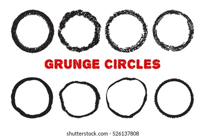 Set of hand drawn circles. Grunge textured frames. Abstract brush elements. Doodle shapes. Handdrawn with pastel crayons. Isolated on white. Vector illustration.