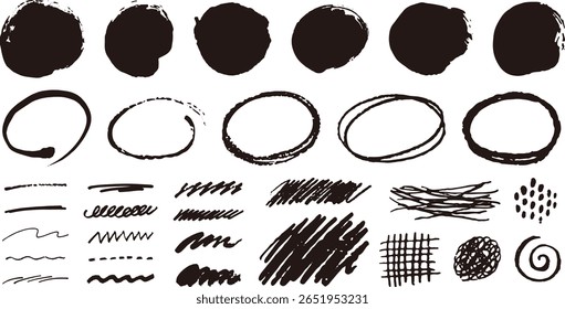 Set of hand drawn circles, lines and shapes. Doodle style decoration. Crayon, chalk and brush textures.