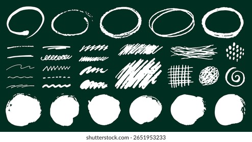 Set of hand drawn circles, lines and shapes. Doodle style decoration. Crayon, chalk and brush textures.