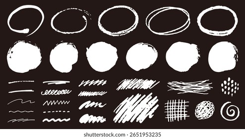 Satz von handgezeichneten Kreisen, Linien und Formen. Dekoration im Doodle-Stil. Texturen aus Buntstift, Kreide und Pinsel.