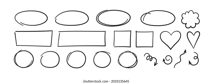 Conjunto de círculos dibujados a mano, óvalos, corazones y flechas. Resalte los marcos de círculo. Elipses y flechas onduladas al estilo de doodle. Ilustración vectorial aislada en fondo blanco.