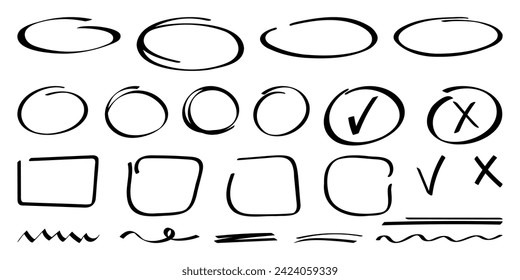 Set of hand drawn circles, ovals, square, checkmark and cross, various underlinings. Highlight circle frames. Ellipses, shapes, figures in doodle flat style. Vector illustration for web design