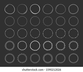 Set of hand drawn circles, round shapes and objects, doodle style, black background, vector eps10 illustration