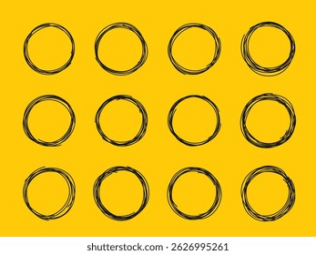 Set of hand drawn circles. Scribble circles frames. Drawn circles sketch. Frames on a dark background. Artistic illustration grunge elements.