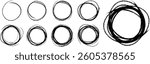 Set of hand drawn circles using sketch drawing scribble circle lines. Doodle circular logo design elements. Vector hand drawn frames.