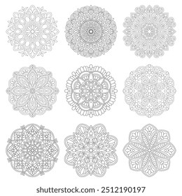 Conjunto de círculos desenhados à mão, elementos de design de logotipo vetorial mandala páginas de coloração