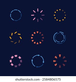 Set of hand drawn circular loading. Symbol of loading process of application web screen. Loading on dark blue background. Upgrade concept. 