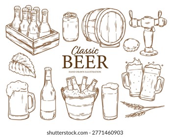 Set of hand drawn classic beer element outline drawing illustration