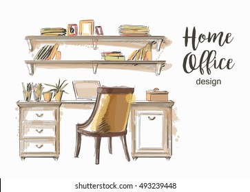 Set Of Hand Drawn Classic Home Office Interior Work Table  Wooden Shelf  Chair Vector Sketch Store, Apartment, Promotion, Sale, Ads