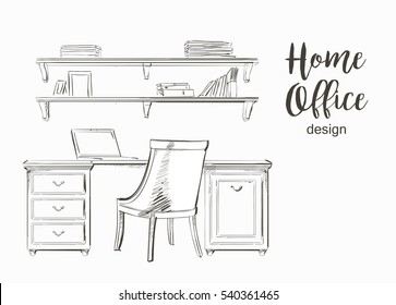 Set of hand drawn classic Home office interior work table wooden shelf chair vector sketch store, apartment, promotion, sale, ads