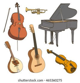 Set of hand drawn classical musical instruments. Cello, violin, guitar, mandolin, piano. Vector illustration