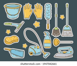 Set of hand drawn cleaning service sticker in doodle style