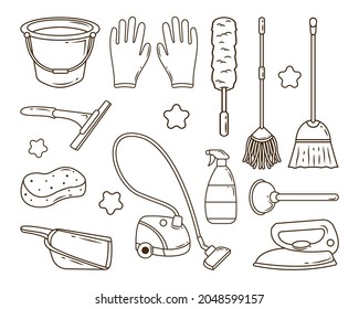 Set of hand drawn cleaning service in doodle style coloring