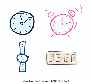 Set of hand drawn clocks. Doodles time vector illustration.