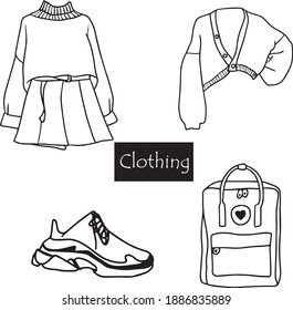 Set of hand drawn clothing, accessories, backpack, sneaker . Doodle vector illustration. Isolated on white background