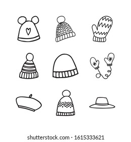 Set of hand drawn clothing items,accessories vector icons.Collection of clothing doodles.Beanie,pom pom hat,winter hat,mittens,gloves,fedora,beret icons for patterns,scrapbooks,planners.