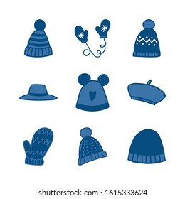 Set of hand drawn clothing items,accessories vector icons.Collection of clothing doodles.Beanie,pom pom hat,winter hat,mittens,gloves,fedora,beret icons for patterns,scrapbooks,planners.