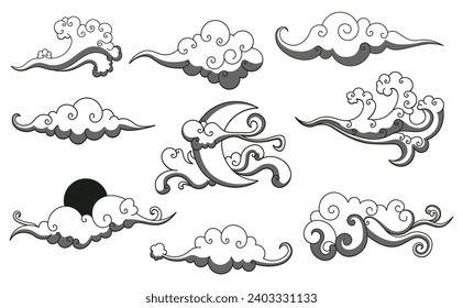 Set of hand drawn cloud with Chinese new year With Line Art Traditional .Decorative Template Banner poster Oriental Style.
