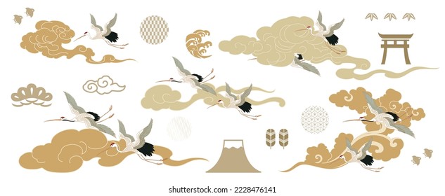 Set of hand drawn cloud with crane birds vector. Oriental decoration with logo design, flyer or presentation in vintage style. Fuji mountain, bamboo, bonsai tree element with geometric shape. 