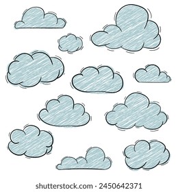 Conjunto de nubes dibujadas a mano en estilo doodle. Elementos de diseño de dibujos animados. Ilustración vectorial