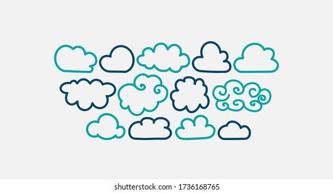Set of hand drawn cloud icons, line style design, vector doodles illustration