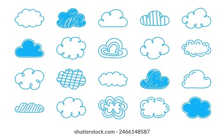 Conjunto con iconos de nubes dibujados a mano. Elementos de Clima estilo caricatura. Ilustración vectorial