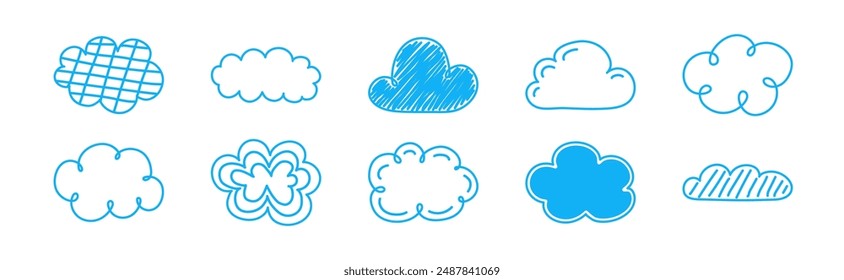 Set with hand drawn cloud icons. Cartoon style weather elements. Vector illustration