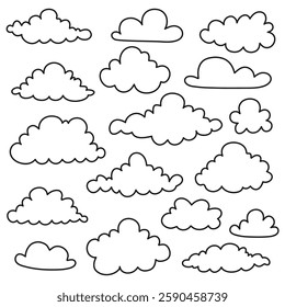 Set of hand drawn cloud icons in black outline. Simple minimalistic elements for design, stickers, and patterns.