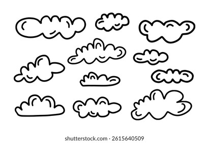 Set of hand drawn cloud illustrations. Doodle style of clouds with black lines. 