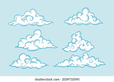 set of hand drawn cloud ilustration design, various white cloud with outlined style vector